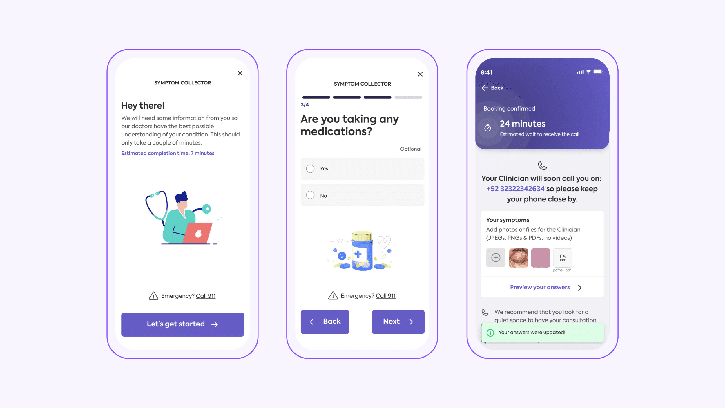 Graphic of three mobile phones screens side by side showing three different user interface designs for Cardo Health