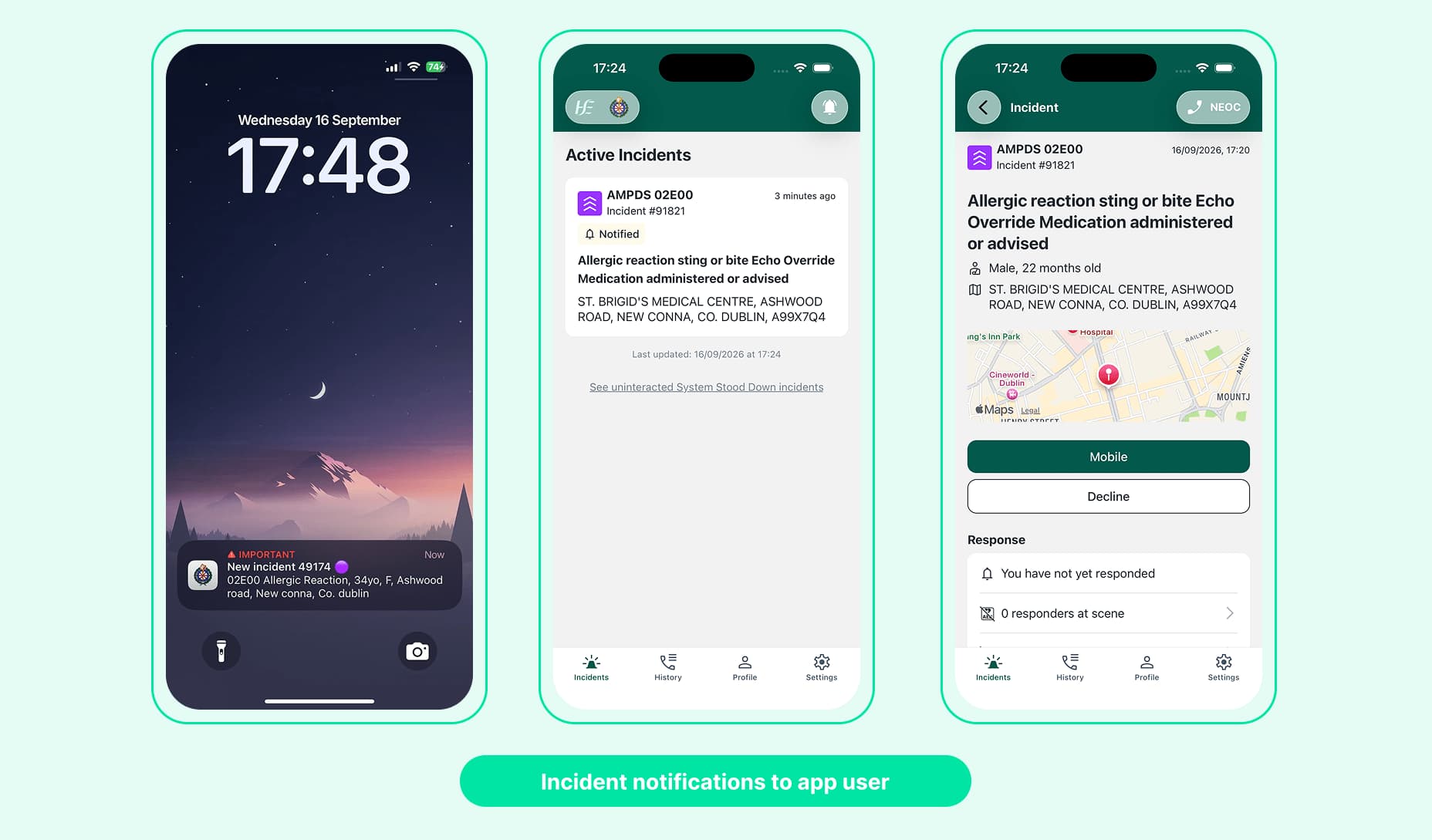 Incident notifications to app user