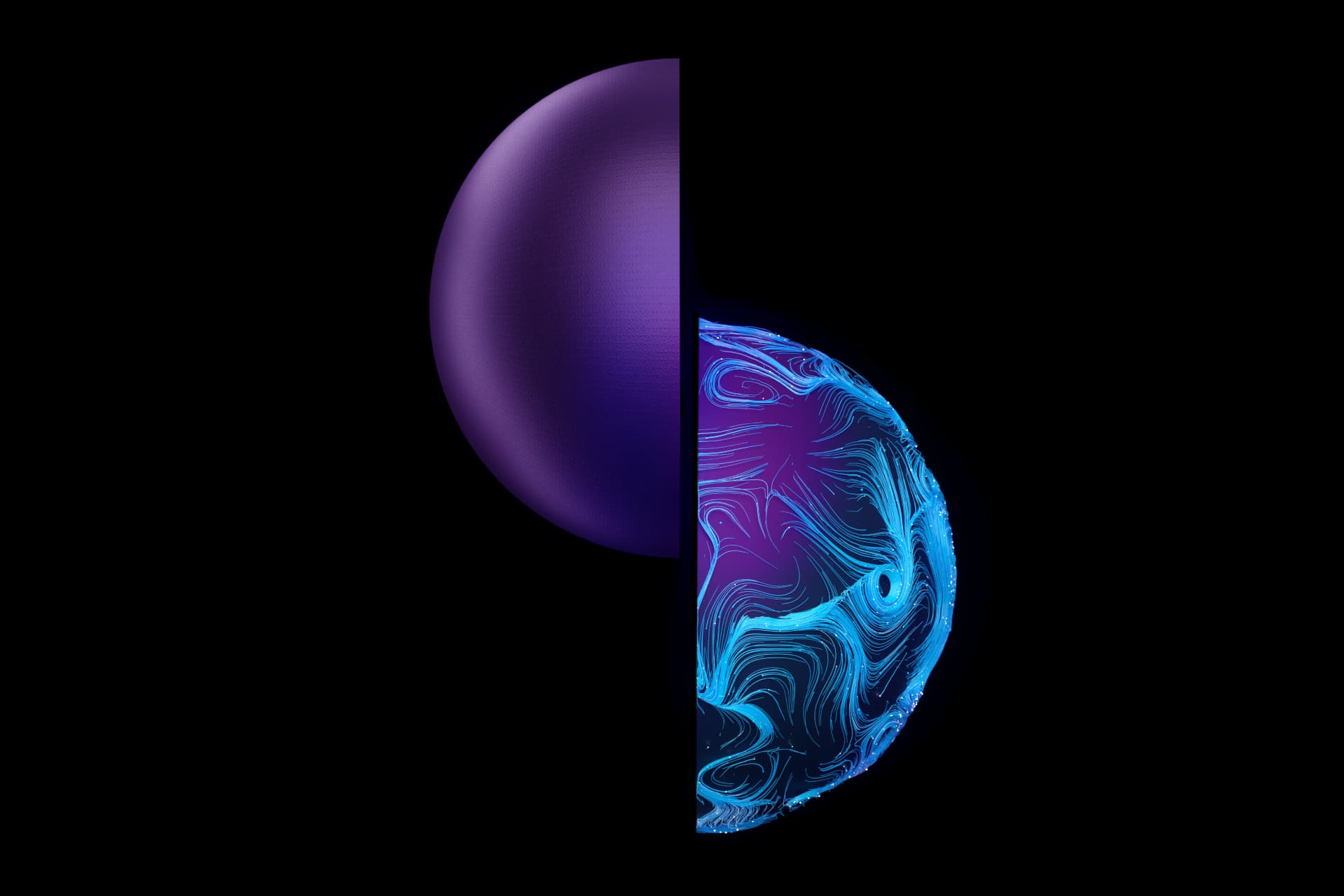 Digital generated image of a purple hemisphere butting against a glowing blue and purple swirl patterned hemisphere