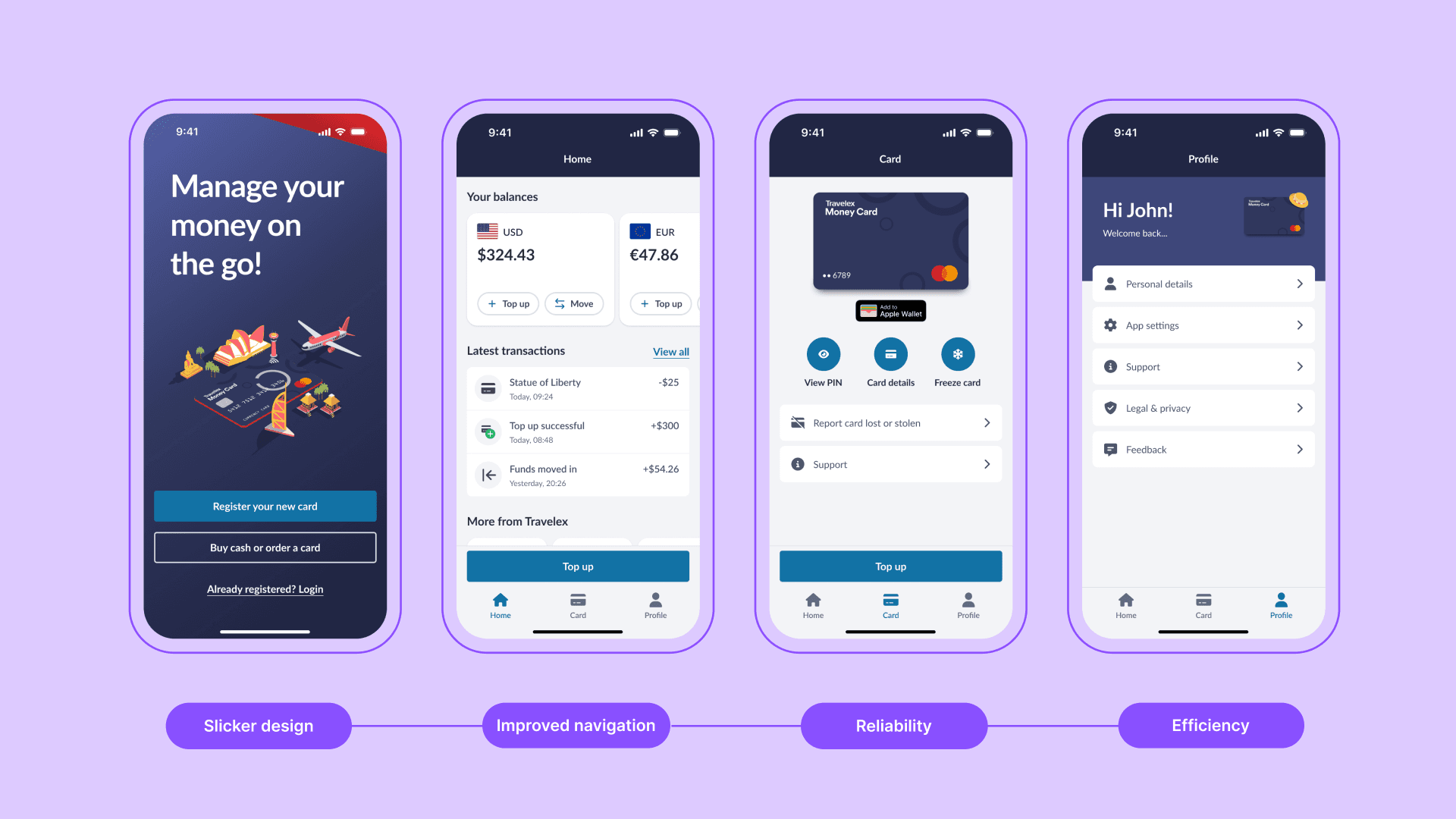 Four smartphone screens side-by-side