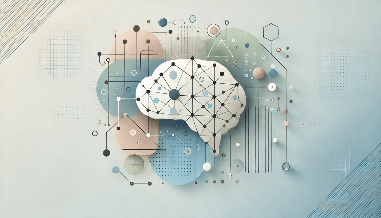 A speech bubble design is overlayed with connected lines and surrounded by shapes