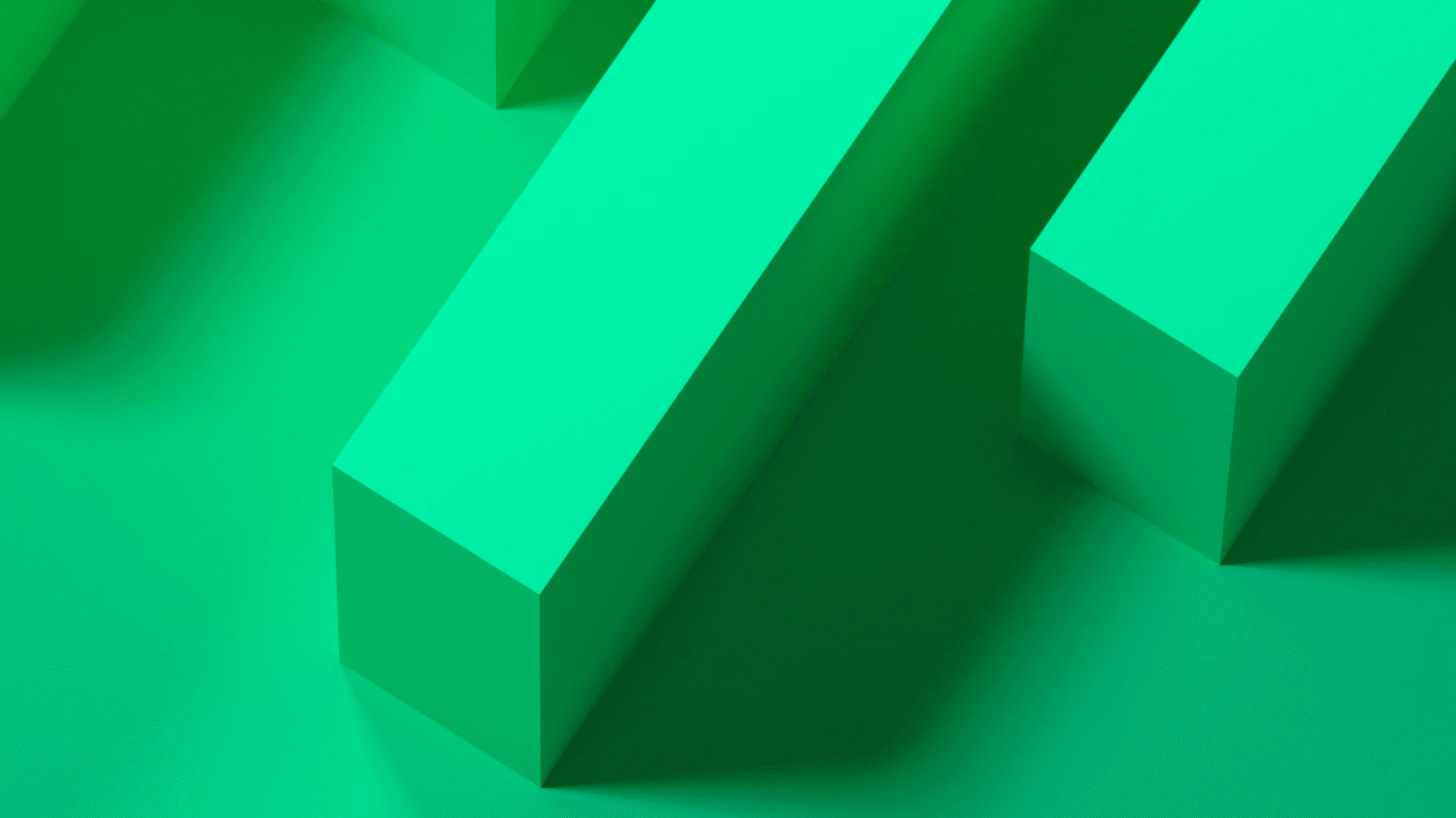 Digitally generated, green, rectangluar blocks are positioned at a 45 degree angle.