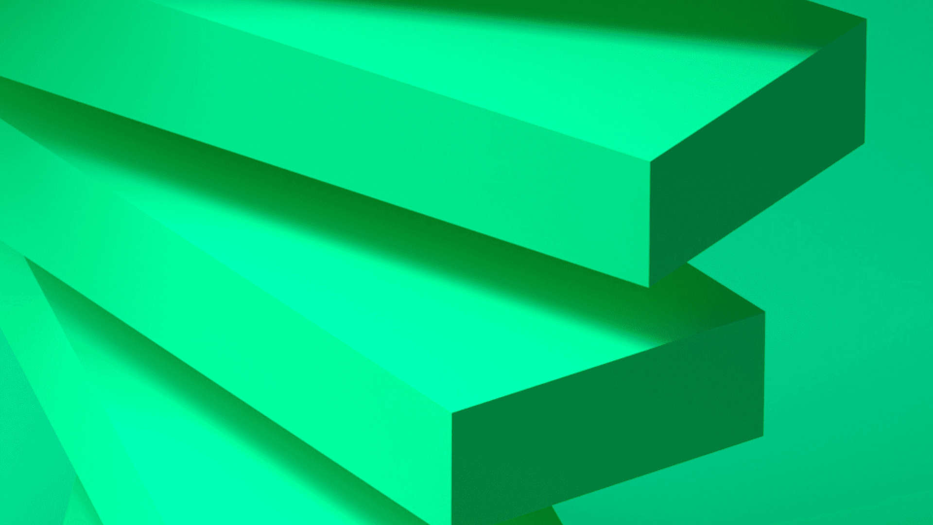 Three computer generated, rectangular green blocks rest on top of one another.