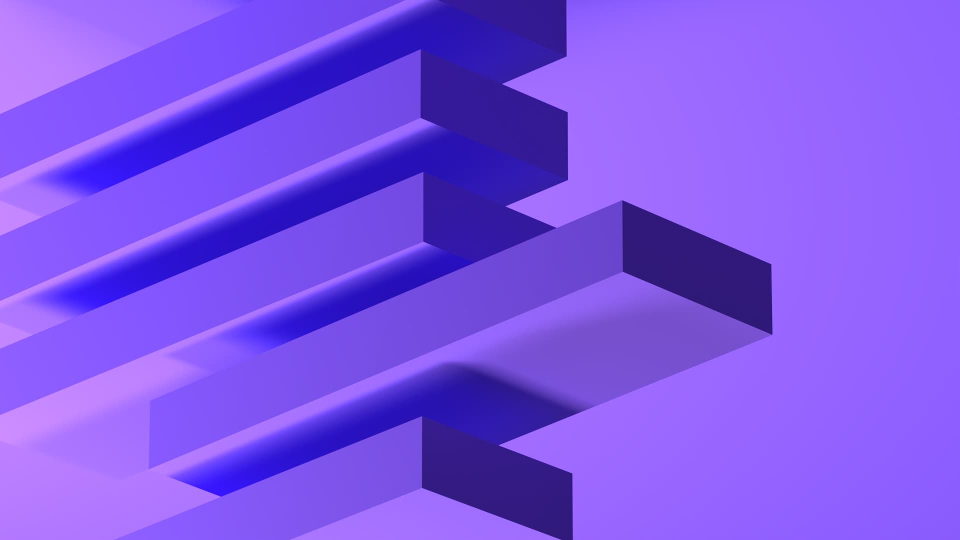 Five purple, digitally generated blocks rest on top of one another and are positioned at a right angle.