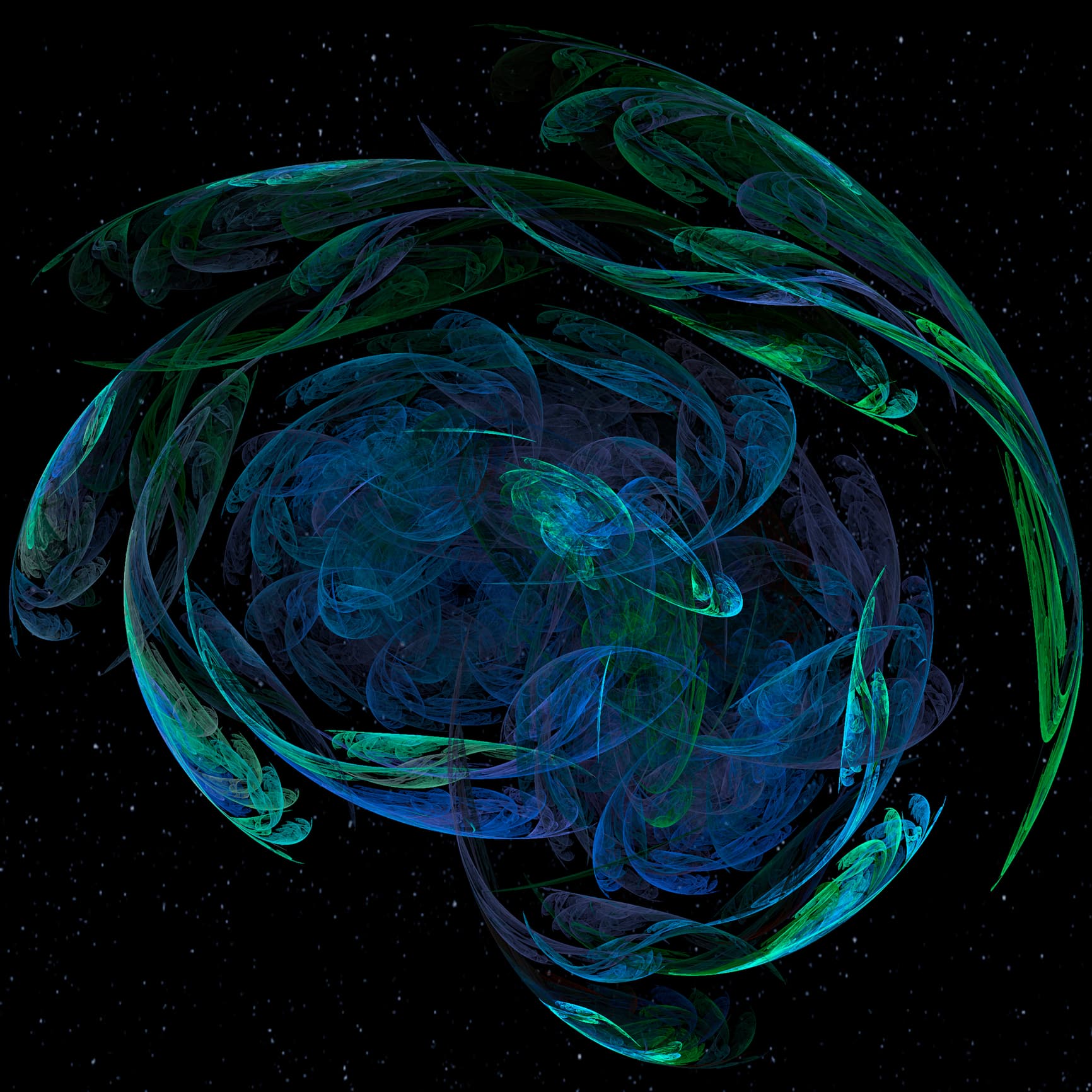 Swiring blue and green images, that look a bit like a cosmic flower, are set against a black sky.