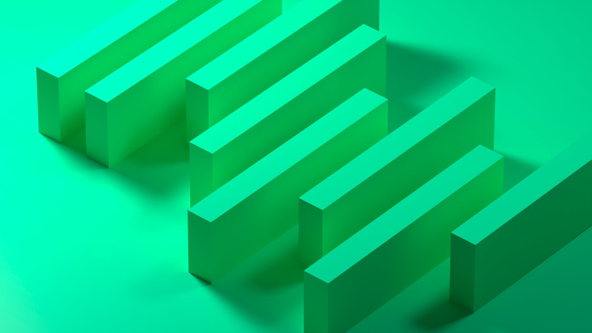 Digital generated image of green hued rectangular slabs lined up, placed on their long sides against a blue background