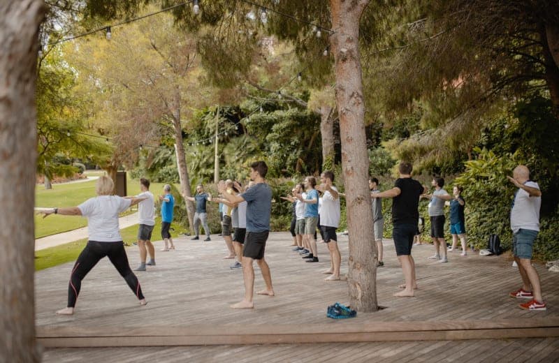 People outside at a park participating in a wellness class