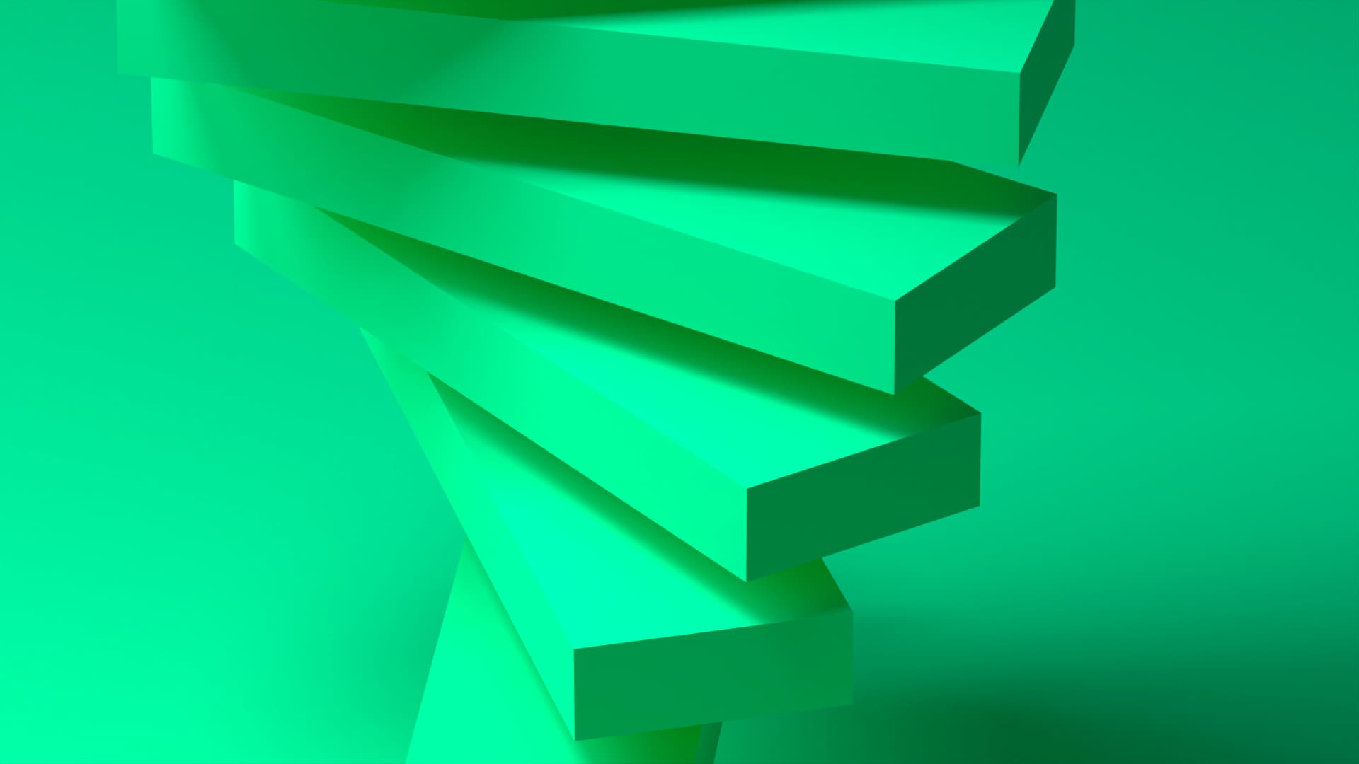 Digital generated image of slabs sitting on their long side, spiralling down, in a green hue