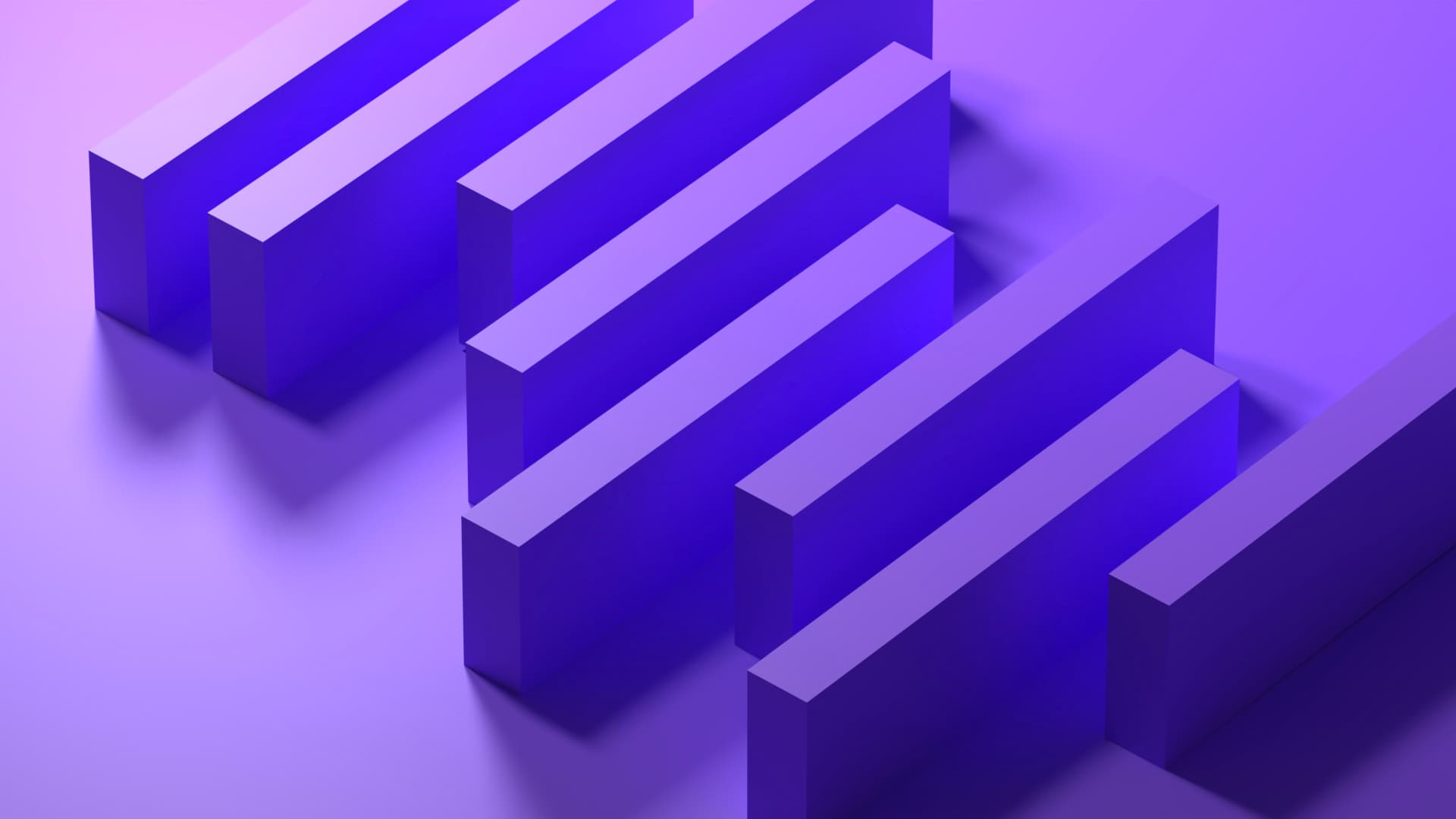 Digital generated image of purple hued rectangular slabs lined up, placed on their long sides against a blue background