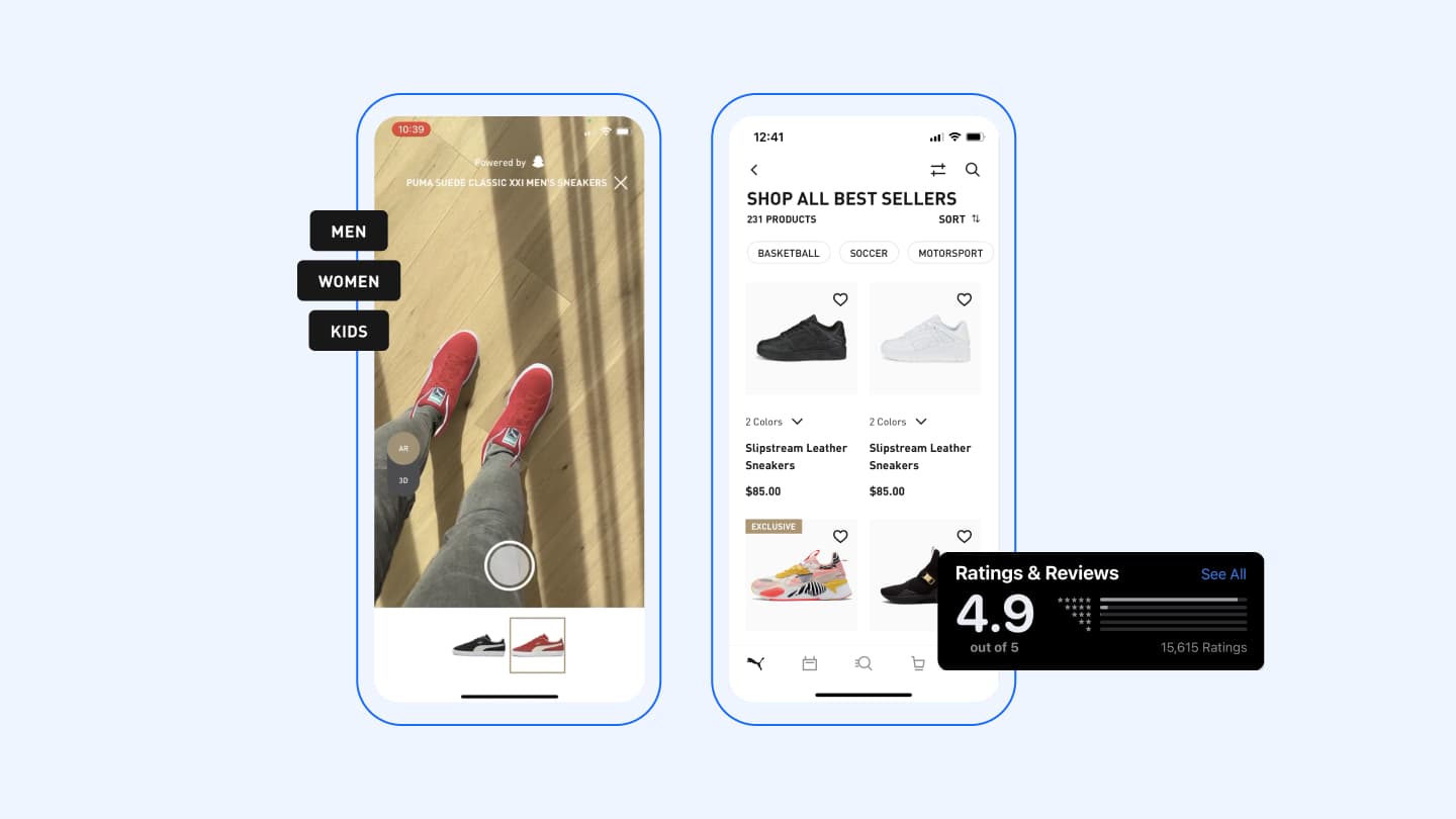 Two mobile screen views of Puma's web frontend interface with pull-out ratings & review graphic showing 4.9 out of 5