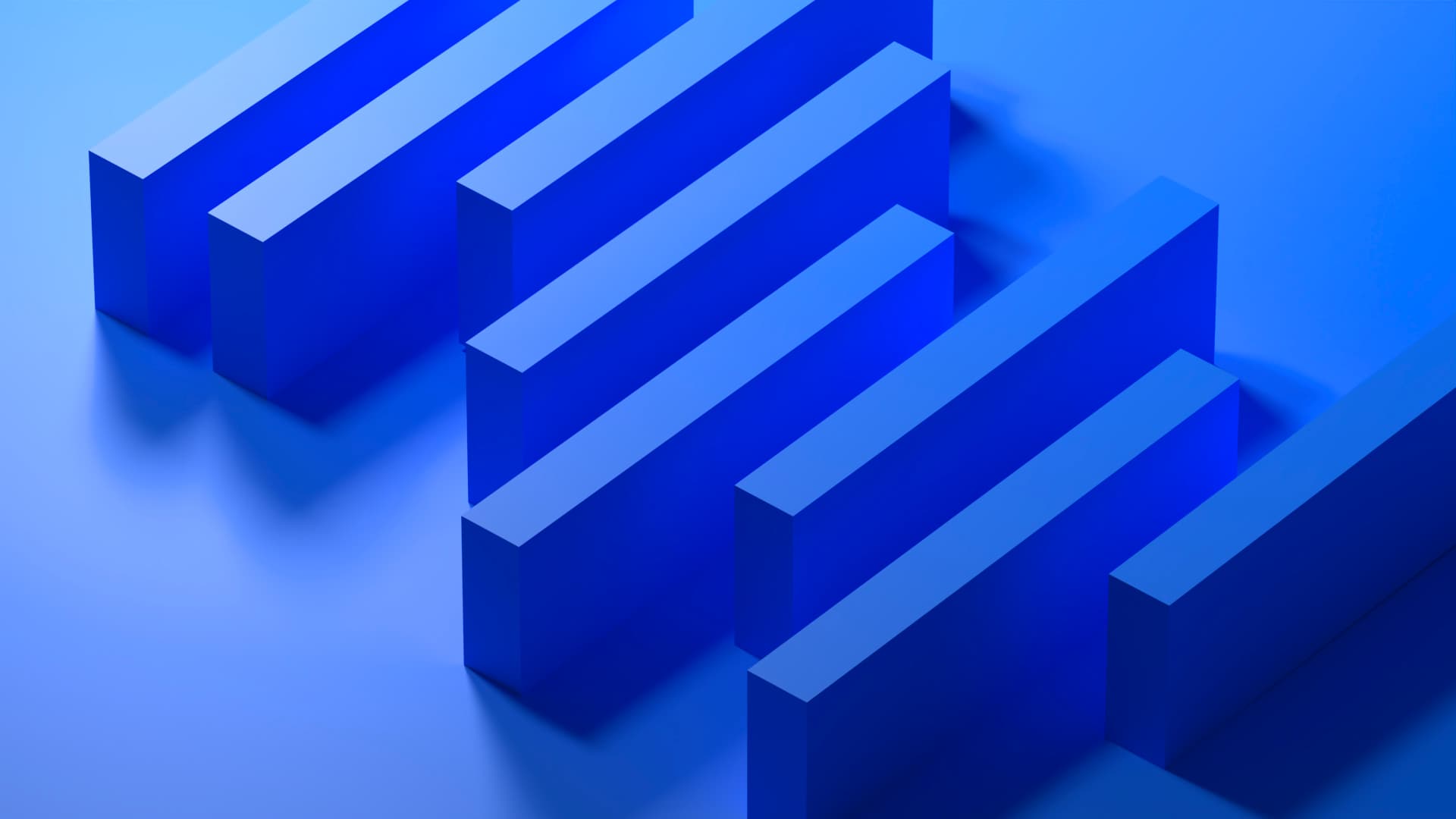 Digital generated image of blue hued rectangular slabs lined up, placed on their long sides against a blue background