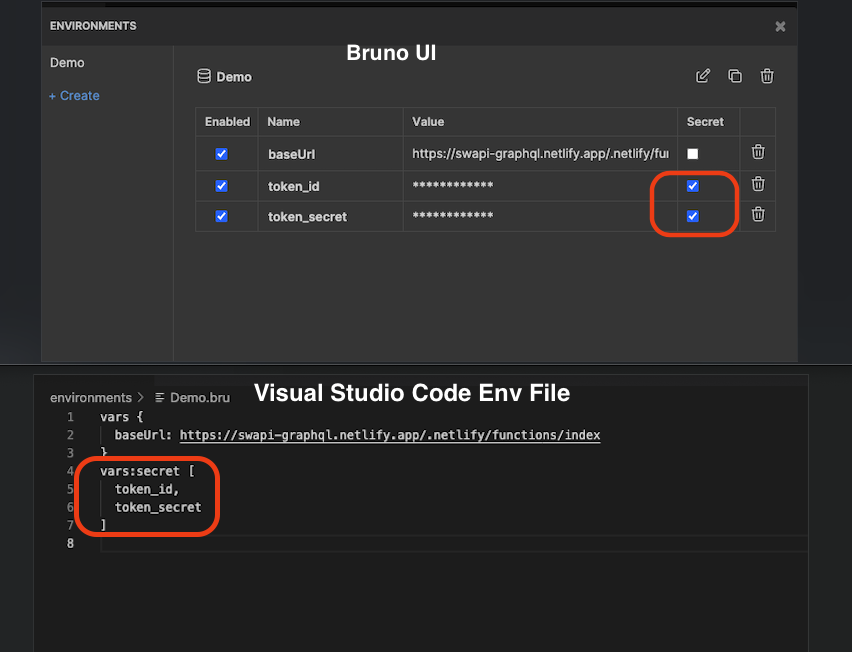 A screenshot of the Env File of the Visual Studio Extension feature of the Bruno API testing tool 