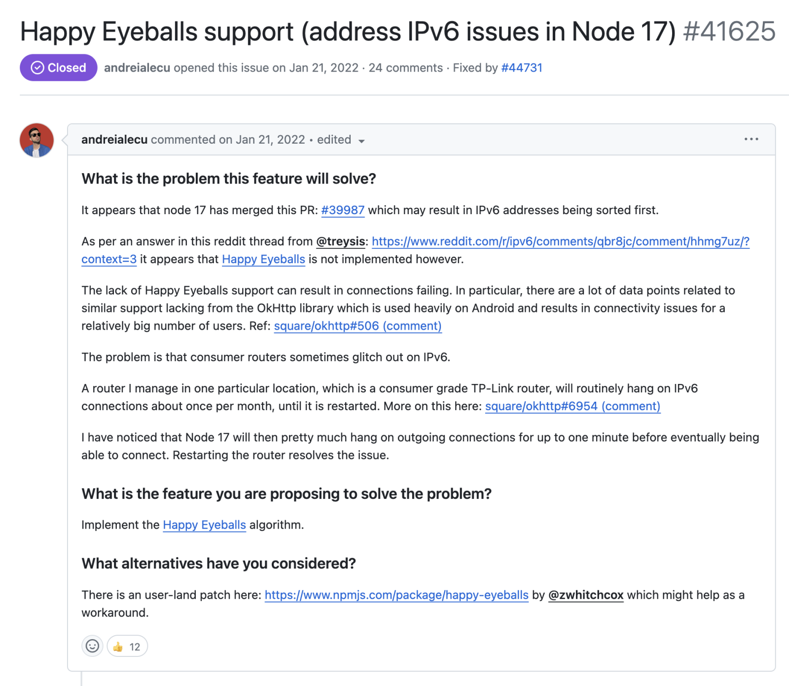 A screenshot of Happy Eyeballs support (address IPv6 issues in Node 17)