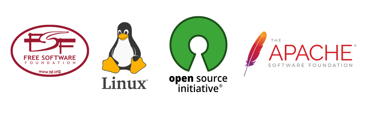 The logos of Free Software Foundation, Open Source Initiative and Apache