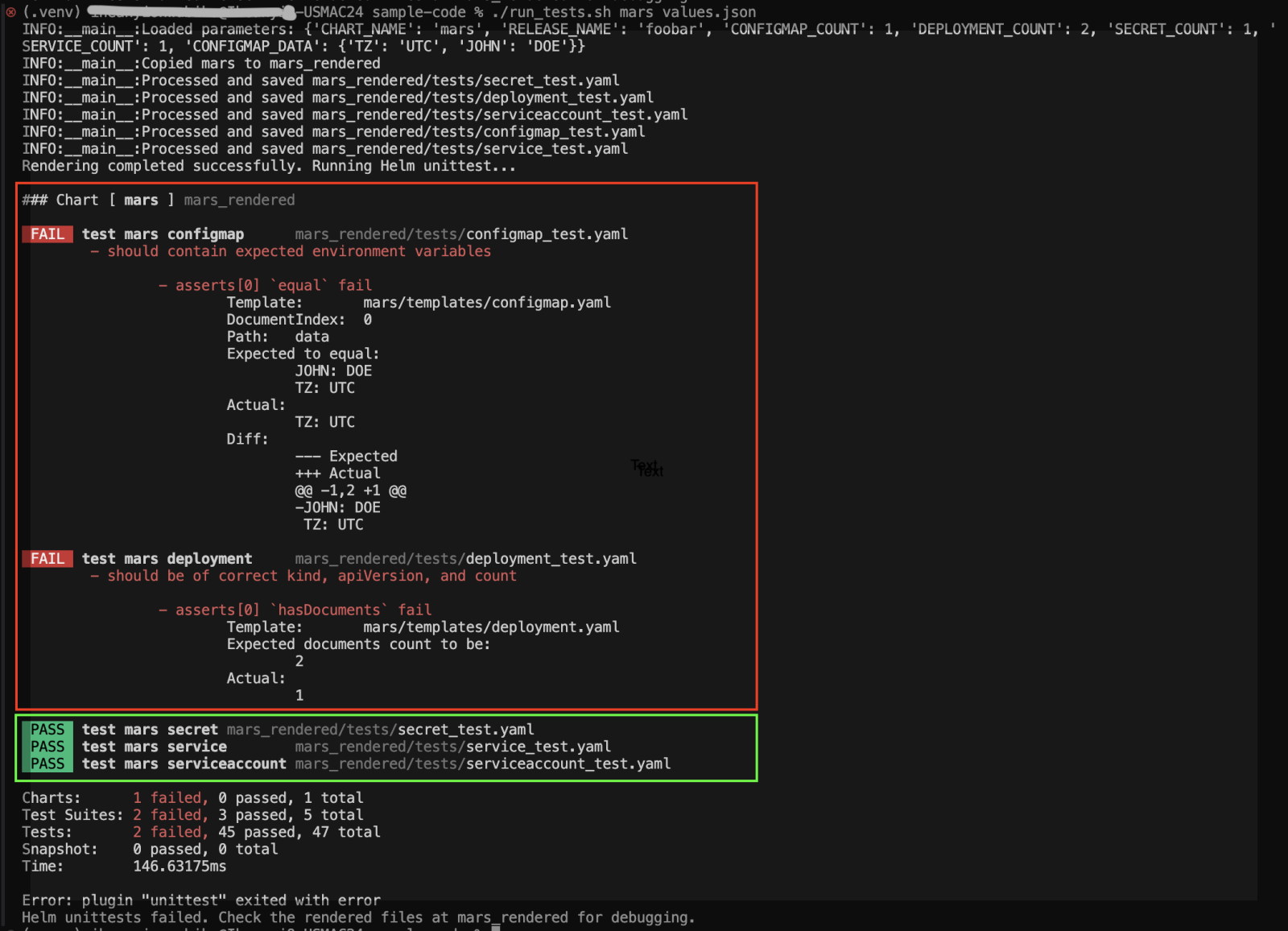 Test result showing failed and passed tests