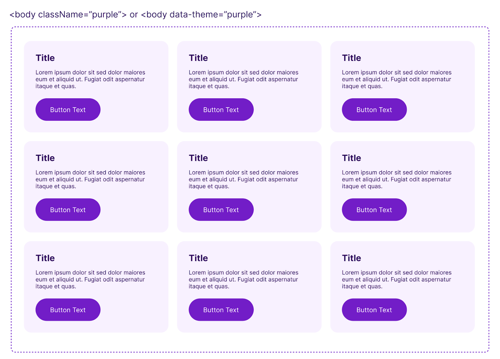 Nine design system card examples in rows of three-by-three