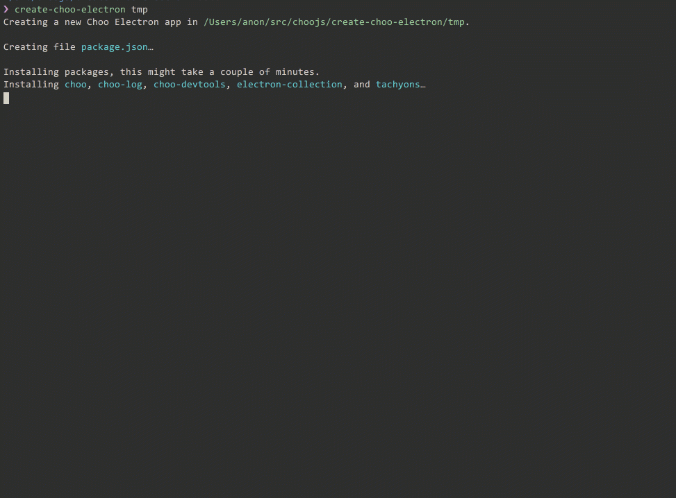 Lil gif showing the command line output of create-choo-electron