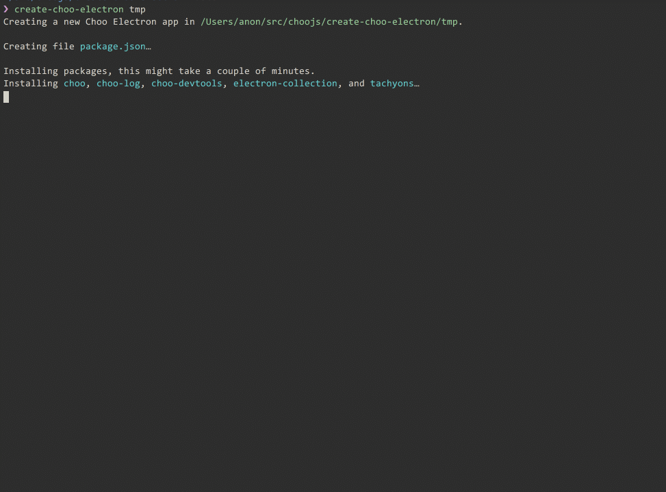 Lil gif showing the command line output of create-choo-electron
