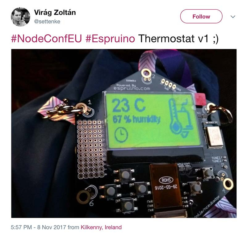 NodeConf EU 2017 badge espruino with thermostat tweet