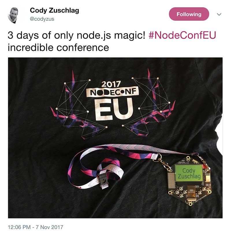 NodeConf EU 2017 swag tweet
