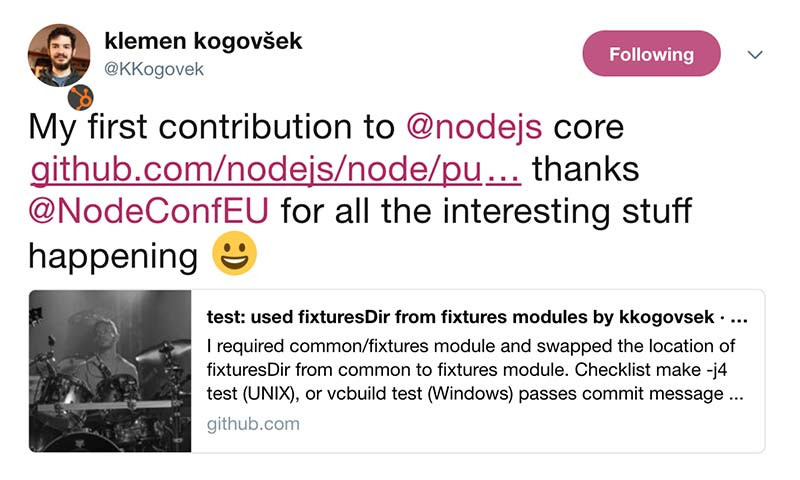 first contribution to node.js tweet