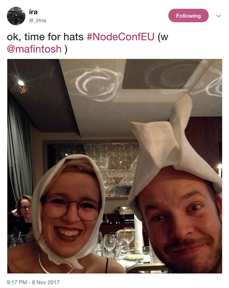 silly hats at nodeconf tweet