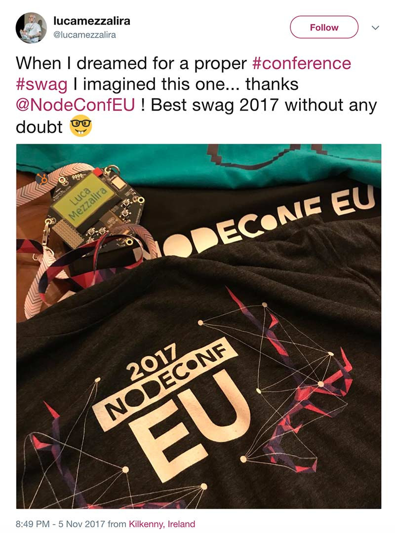 tweet about NodeConf EU 2017 swag