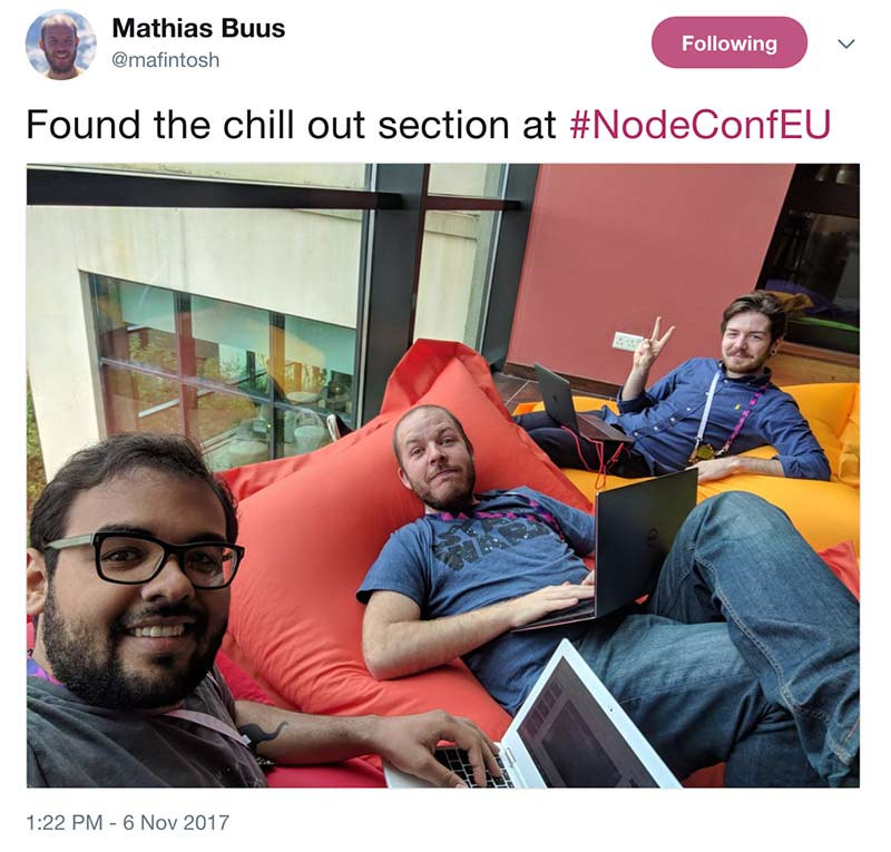 chill out section at NodeConf EU 2017 tweet