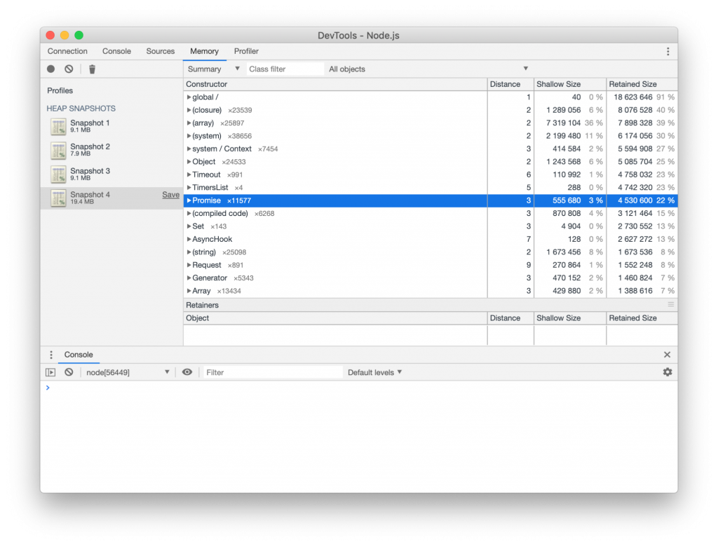 Hapi performance heap snapshot 1ms delay