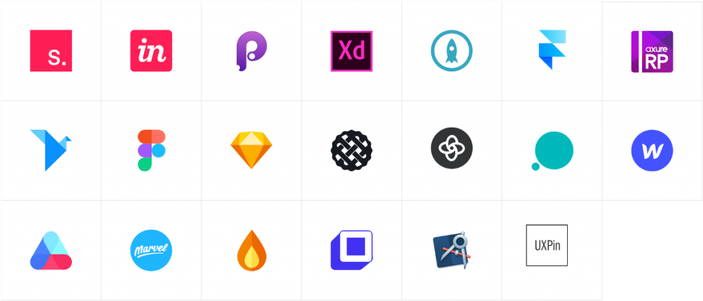 Grid of design tools logos. Invision Figma. Protopie and more