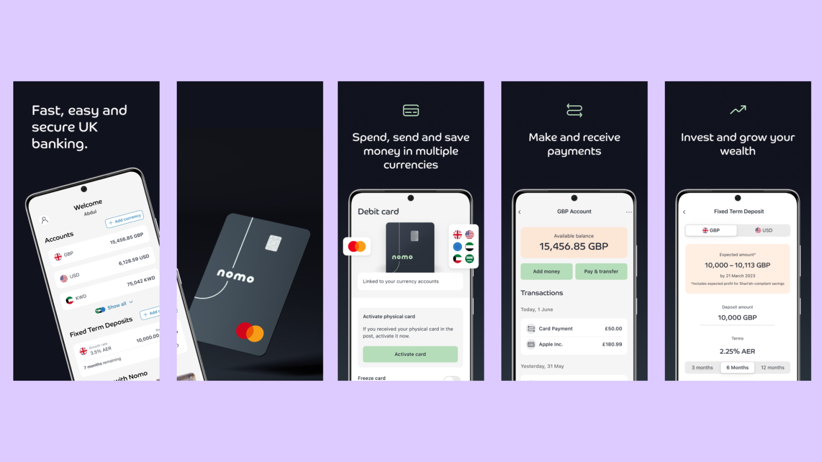 Five simages of the Nomo Bank app side-by-side