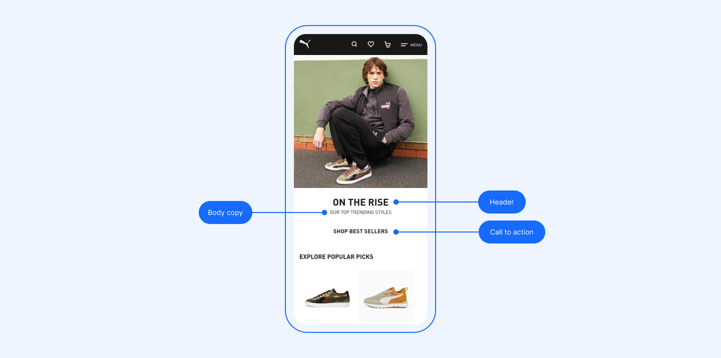A smartphone screen with a man wearing PUMA trainers.